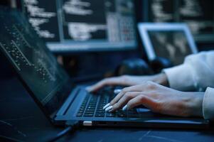 Side close up view ,of female, hacker hands, typing on keyboard photo