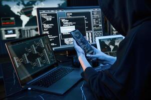 Modern, technology. Young professional female hacker is indoors by computer with lot of information on displays photo