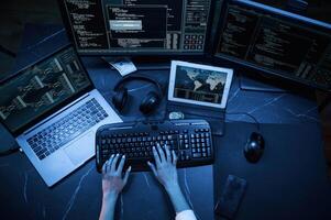 Close up top view of female hacker hands,, typing on keyboard photo