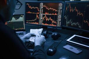 Financial Analyst, Working ,on a Computer, with Multi-Monitor Workstation with Real-Time Stocks, Commodities and Exchange Market Charts. photo