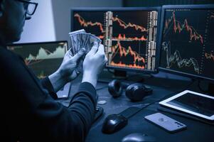 Financial, Analyst ,Working on a ,Computer with Multi-Monitor Workstation with Real-Time Stocks, Commodities and Exchange Market Charts. photo