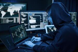 Black colored, hoodie. Young ,professional female hacker is indoors by computer with lot of information on displays photo