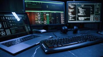 Keyboard and screens.. Cyber ,criminal haker dark room for massive attack of corporate big data servers photo