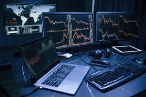 Financial, Analyst ,Working on a Computer, with Multi-Monitor Workstation with Real-Time Stocks, Commodities and Exchange Market Charts. photo