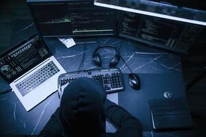 Male professional ,hacker ,is sitting by computer, conception of virus photo