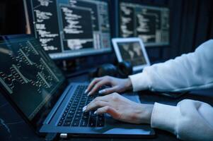 Side close up view of female hacker hands,, typing ,on keyboard photo