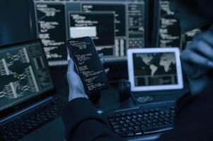 Close up view of female hacker hands, holding smartphone photo