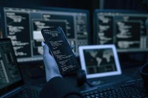 Close ,up ,view of female hacker hands, holding smartphone photo