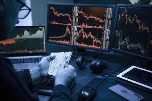 Financial Analyst Working on, a, Computer, with Multi-Monitor Workstation with Real-Time Stocks, Commodities and Exchange Market Charts. photo