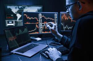 Financial Analyst Working on ,a Computer, with Multi-Monitor Workstation with Real-Time Stocks, Commodities and Exchange Market Charts. photo