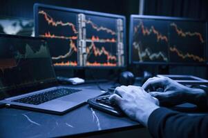Financial Analyst Working on ,a Computer ,with Multi-Monitor Workstation with Real-Time Stocks, Commodities and Exchange Market Charts., photo