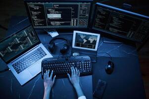 Close ,up top view of female hacker ,hands, typing on keyboard photo