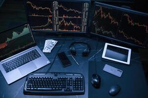 Financial ,Analyst Working on a Computer ,with, Multi-Monitor Workstation with Real-Time Stocks, Commodities and Exchange Market Charts. photo