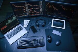 Financial Analyst Working on a Computer with ,Multi-Monitor Workstation with Real-Time Stocks, Commodities and Exchange Market Charts. photo