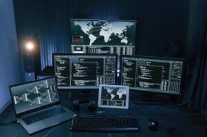 Multiple screens with information. Cyber criminal haker dark room for massive attack of corporate big data servers photo