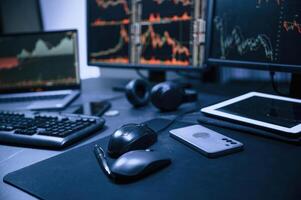 Financial ,Analyst Working, on a Computer with Multi-Monitor Workstation with Real-Time Stocks, Commodities and Exchange Market Charts. photo