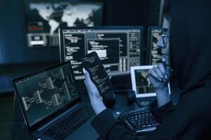Holding ,smartphone with code. .Young professional female hacker is indoors by computer with lot of information on displays photo