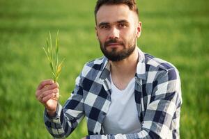 Portrait, looking at camera,, holding wheat. Handsome young man is on agricultural field photo