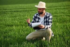 In straw hat. Holding wheat ,and notepad. Handsome young man is on agricultural field photo