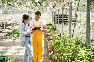 Using digital tablet... Florist, man and woman are working together in bright greenhouse photo