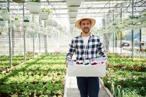 In straw hat. ,Florist, man working in garden center. Successful employee is in a bright greenhouse photo