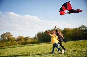 Clear sky. Two kids are playing with kite on the summer field photo