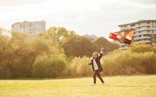 Photo ,in ,motion. Happy little girl is playing with kite on the summer field
