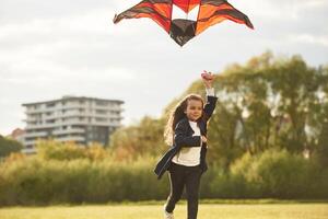 Happy, little girl is ,playing with kite on the summer field photo