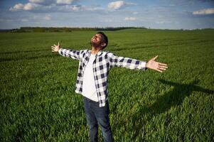 Enjoying, freedom, smiling, hands on the sides. Handsome Indian man is on the agricultural field photo