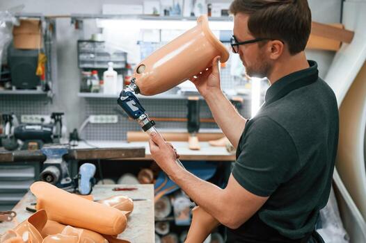Checking the movement ability of product.. Technician working with prosthesis in modern laboratory photo