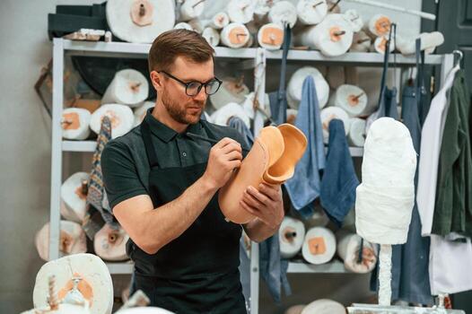 Marks, the line with a marker. Technician working with prosthesis part in modern laboratory photo