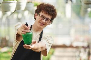 Front view, standing ,with watering ,bottle. Young man with curly hair and in glasses is in greenhouse photo