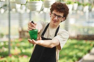 Front view, standing with watering bottle. ..Young man with curly hair and in glasses is in greenhouse photo