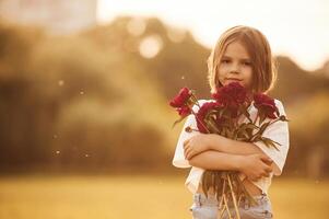 Holding beautiful red flowers. Little ,girl ,is on the summer field at daytime photo