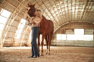 Full height ,photo. Beautiful young woman is with horse indoors photo
