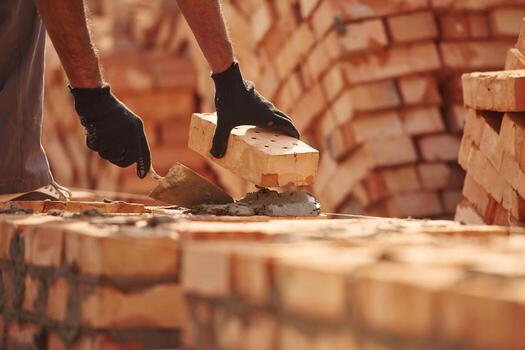 Placing the bricks.. Close up view of man that is working on the construction site photo