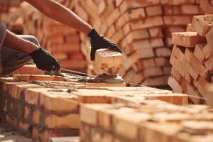 Placing the bricks. Close up ,view of man that is working on the construction site photo