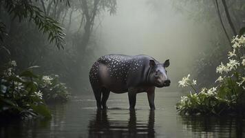 A tapir stands in a misty forest, surrounded by water and blooming flowers. photo