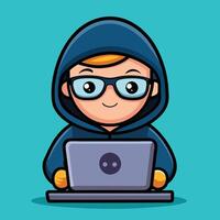 Adorable Hacker Character Operating a Laptop with Cartoonish Design vector