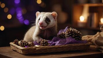 A playful ferret surrounded by pinecones and decorative fabric on a rustic table. photo
