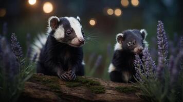 Two adorable animals sitting among lavender flowers, creating a serene and enchanting scene. photo