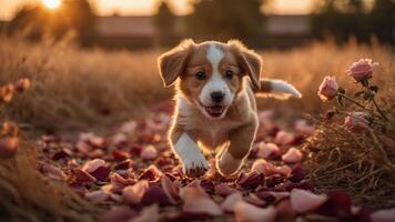 A playful puppy runs through rose petals in a sunlit field, capturing joy and innocence. photo