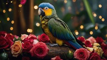 A vibrant parrot perched on a log surrounded by roses and soft lights, creating a serene atmosphere. photo
