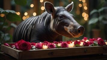 A cute animal surrounded by roses and candles, creating a serene atmosphere. photo