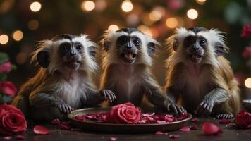 Three monkeys playfully interacting amidst rose petals and soft lights. photo