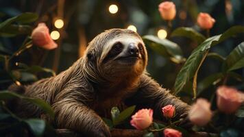 A sloth surrounded by pink roses and soft lighting, creating a serene atmosphere. photo
