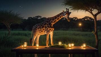 A giraffe stands beside a candlelit table in a serene, natural setting at dusk. photo