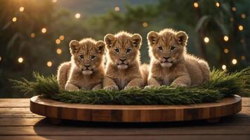 Three adorable lion cubs resting on a wooden platform surrounded by greenery and soft lights. photo