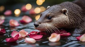 An otter surrounded by rose petals in a serene water setting. photo