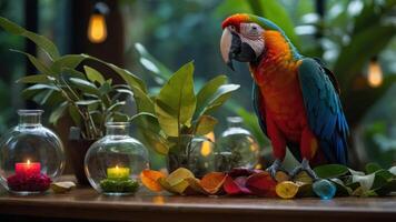 A vibrant parrot surrounded by colorful leaves and candles, creating a serene atmosphere. photo